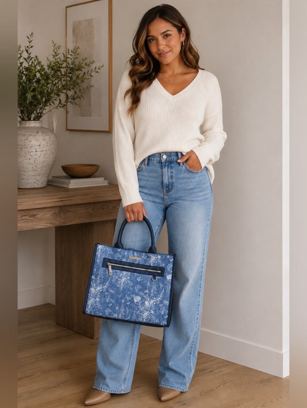 Betsey Johnson Blue Floral Denim Tote with Navy Trim Missing Crossbody Strap